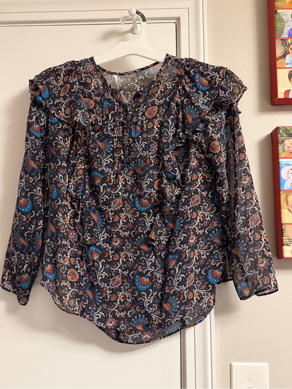 Veronica Beard 100% Silk Peacock Paisley Ruffle Blouse Size 4
